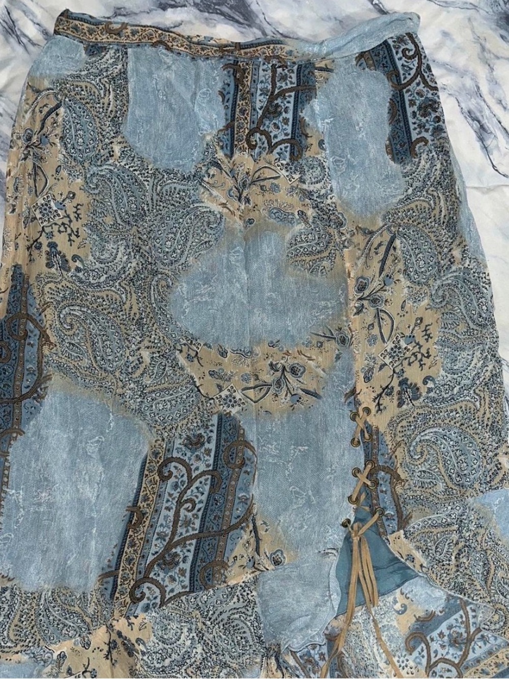 Euro Vintage Blue and Tan Paisley Midi Skirt